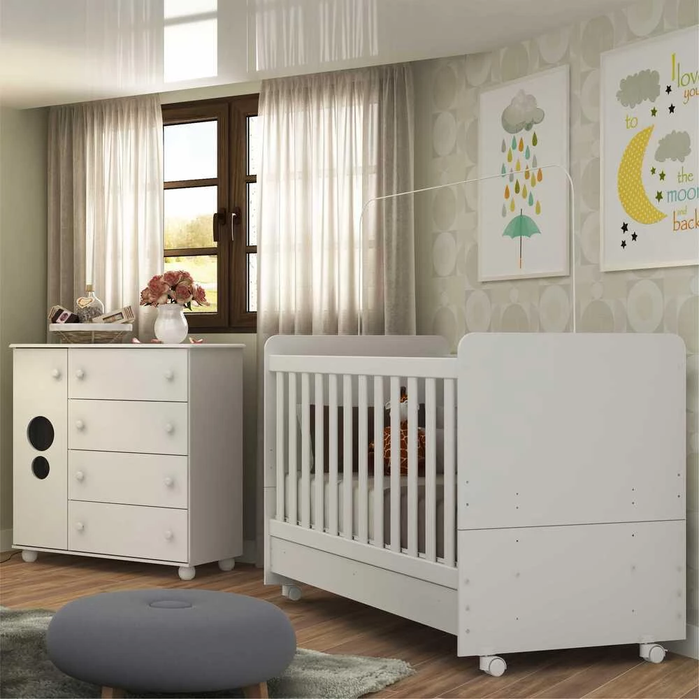 Quarto Infantil Berço com Colchão Incluso e Cômoda Pimpolho Branco