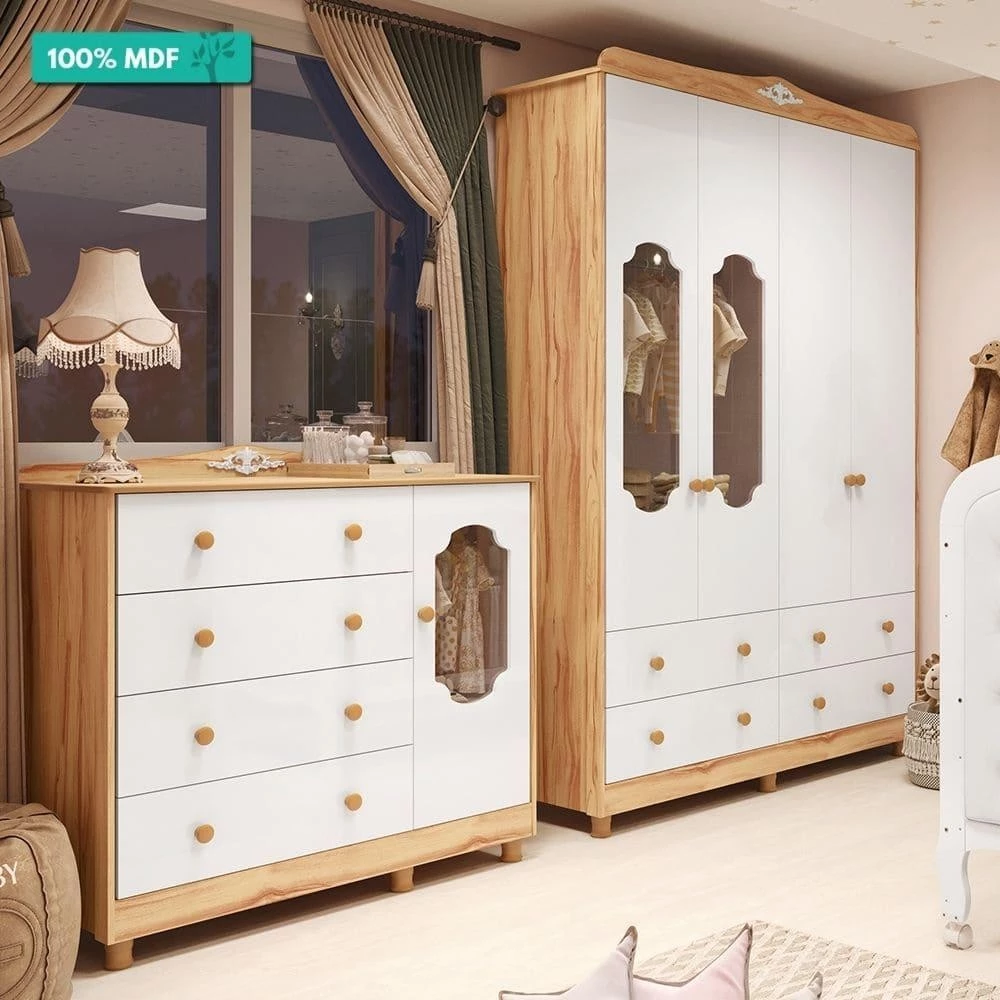Quarto Infantil Guarda Roupa e Cômoda Noah New Móveis Peroba Branco